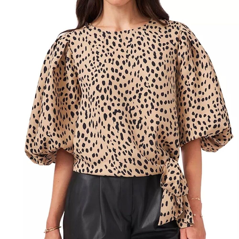 Vince Camuto S Leopard Print Balloon Puff Sleeve Asymmetric Side Tie Blouse